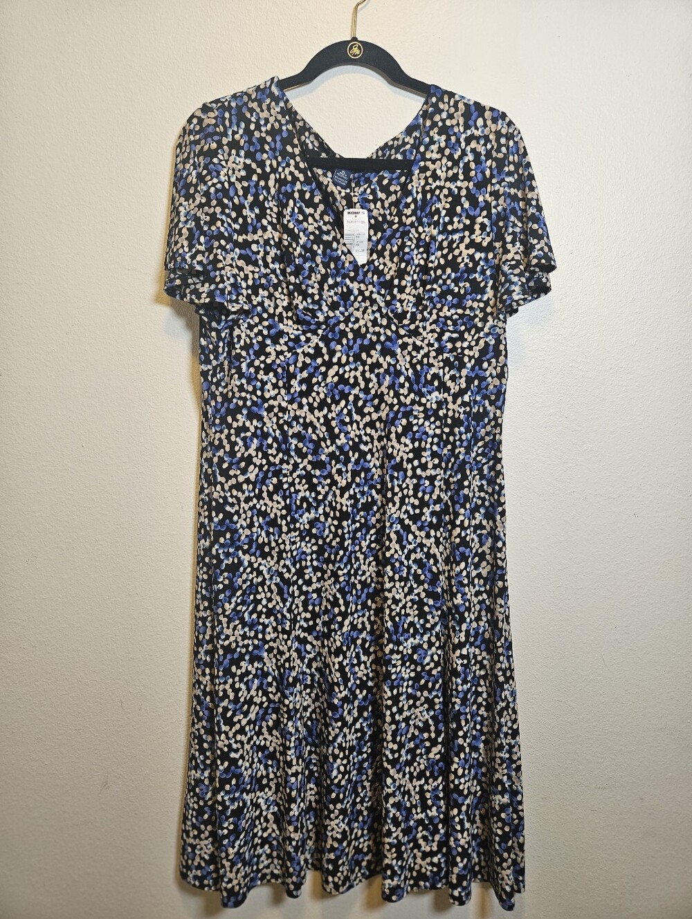 Khols XL Dress Jersey V Neck Midi Blue Tan Black Flutter Sleeve New Tags